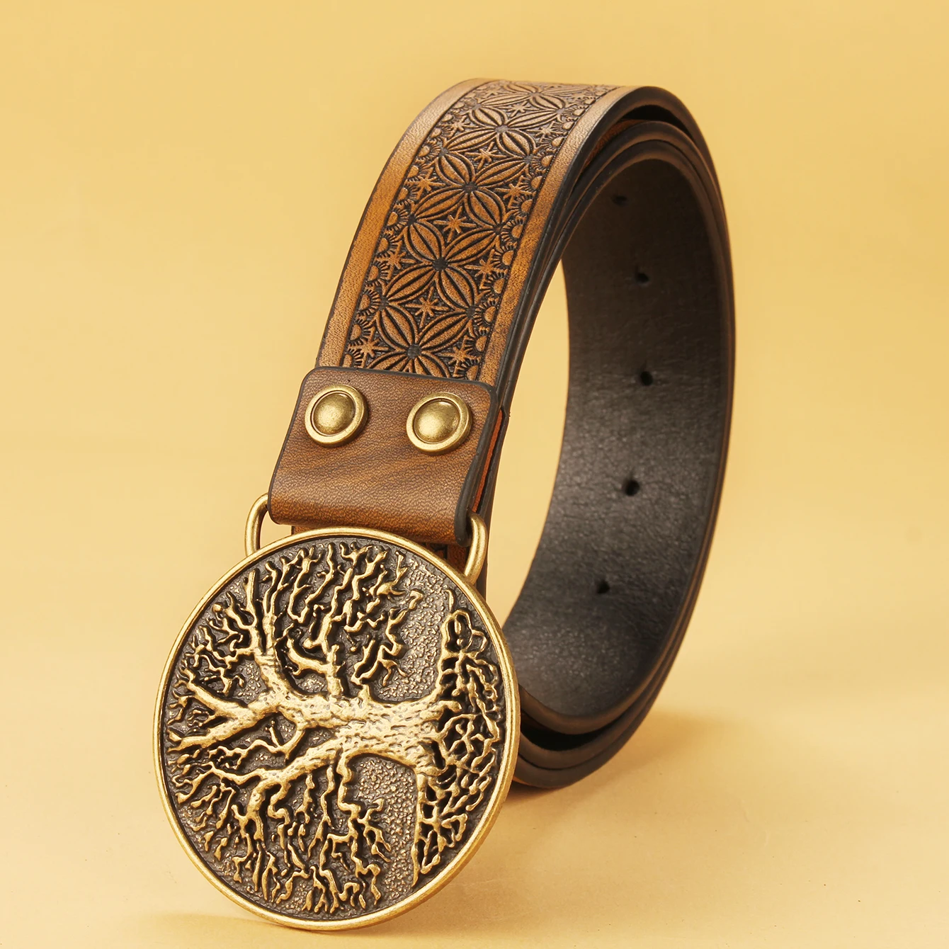 أحزمة جلدية للرجال والنساء - رعاة البقر الغربي - حزام عتيق بإبزيم منقوش عليه زهور للجينز