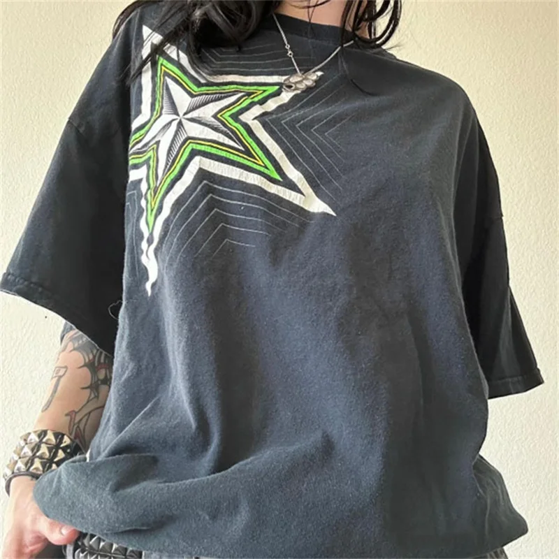 Y2k Grunge Crop Top Frauen Sommer Gothic Star Print Rundhals ausschnitt Kurzarm T-Shirt 2000s Cyber core Kleidung Streetwear