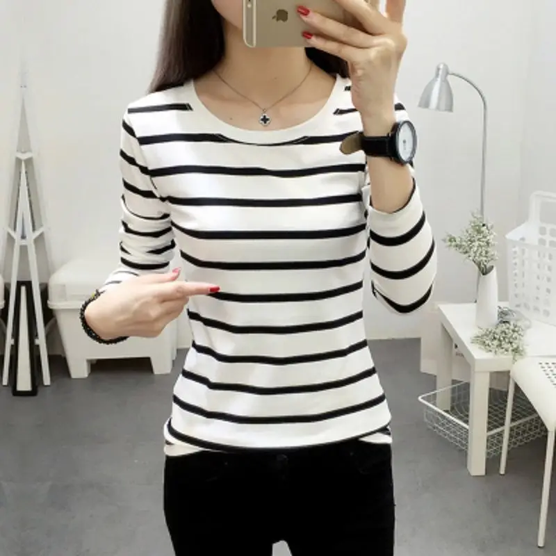 Autumn and Winter Fashion New Women\'s V-neck Striped Long-sleeved T-shirt Slim-fit Top Base Shirt Women\'s All-match