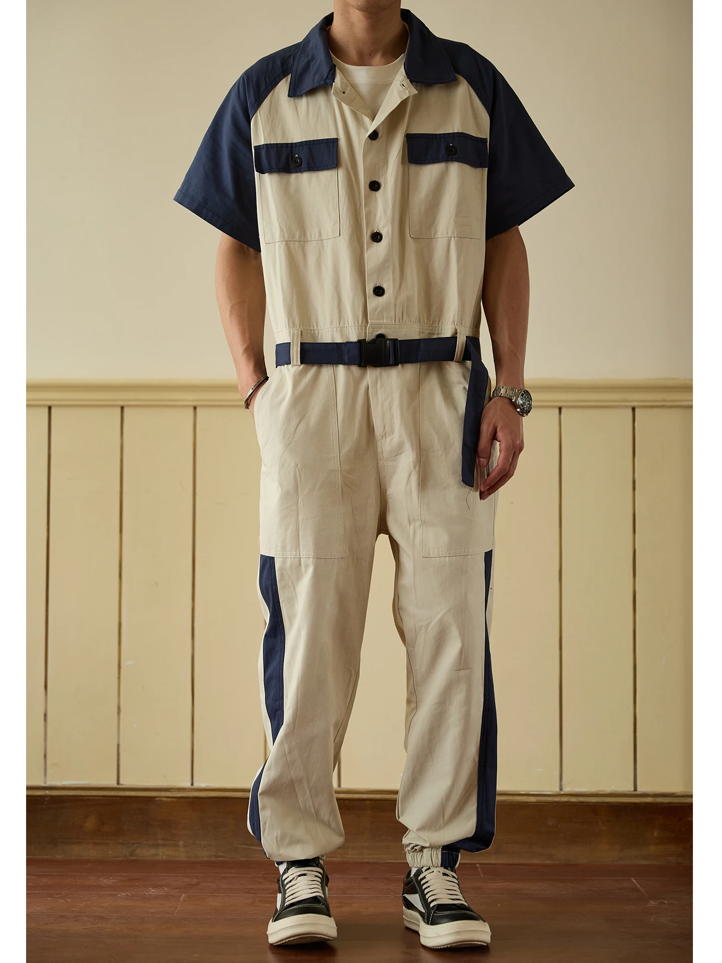 Retro Japanese Sle ort Sve Workwear Suit Loose Casual Men's Faion Set Korean Version Color Blo Overall Pants