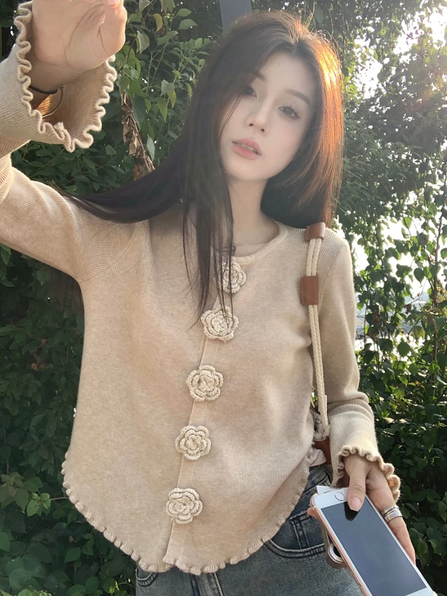 Sweet Design Sense Long Sve вязаный свитер женский Slim Fit ort Sle круглый Ne на пуговицах осень новый Sle Rose Flower 3D