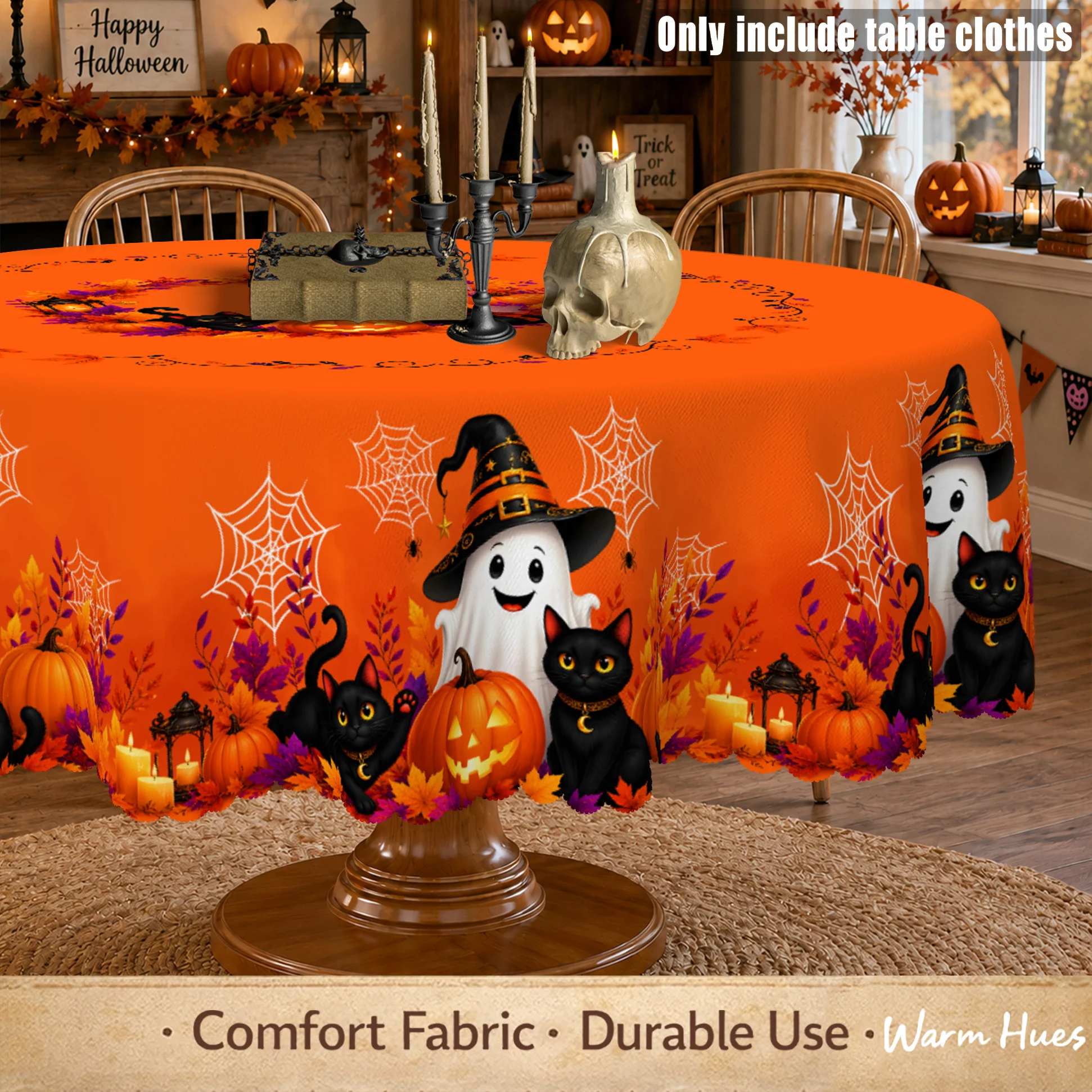 1 piece, orange Halloween ghost-themed tablecloth, featuring Halloween pumpkins, black cats, ghosts, and spider webszyc