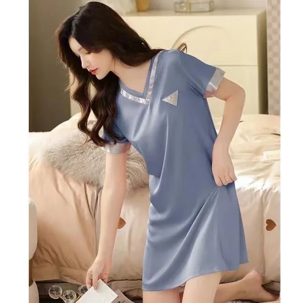 2024 Summer Short Sleeve Sexy V-neck Silk Satin Nightgowns for Women Korean Cute Sleepwear Nightdress Night Dress Home Nighty