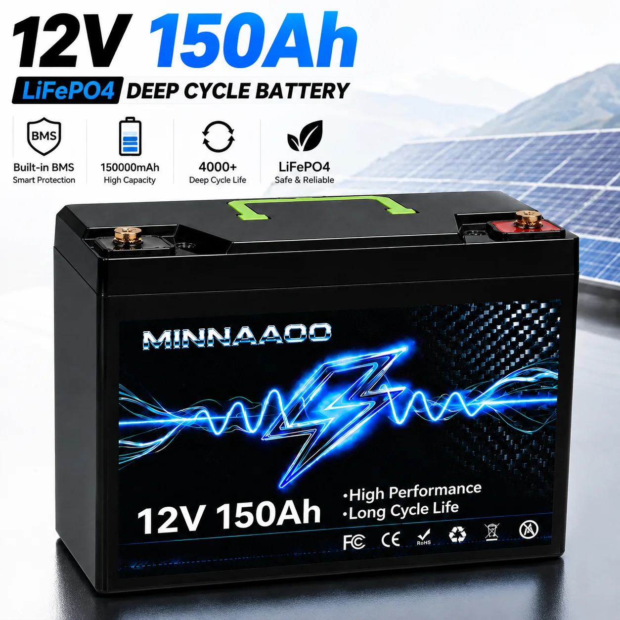 12V 150000mAh LiFePO4 Solar Battery Deep Cycle Rechargeable Built-in BMS Lithium 150Ah for Power Wheels Scooters 21700 Battery