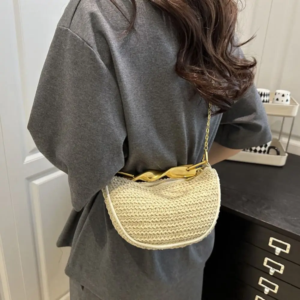 

Portable Bohemian Half-Moon Weave Bag Hollowed Out Gold Handle Straw Shoulder Bag Large Capacity Handbag Beach Bag Outdoor