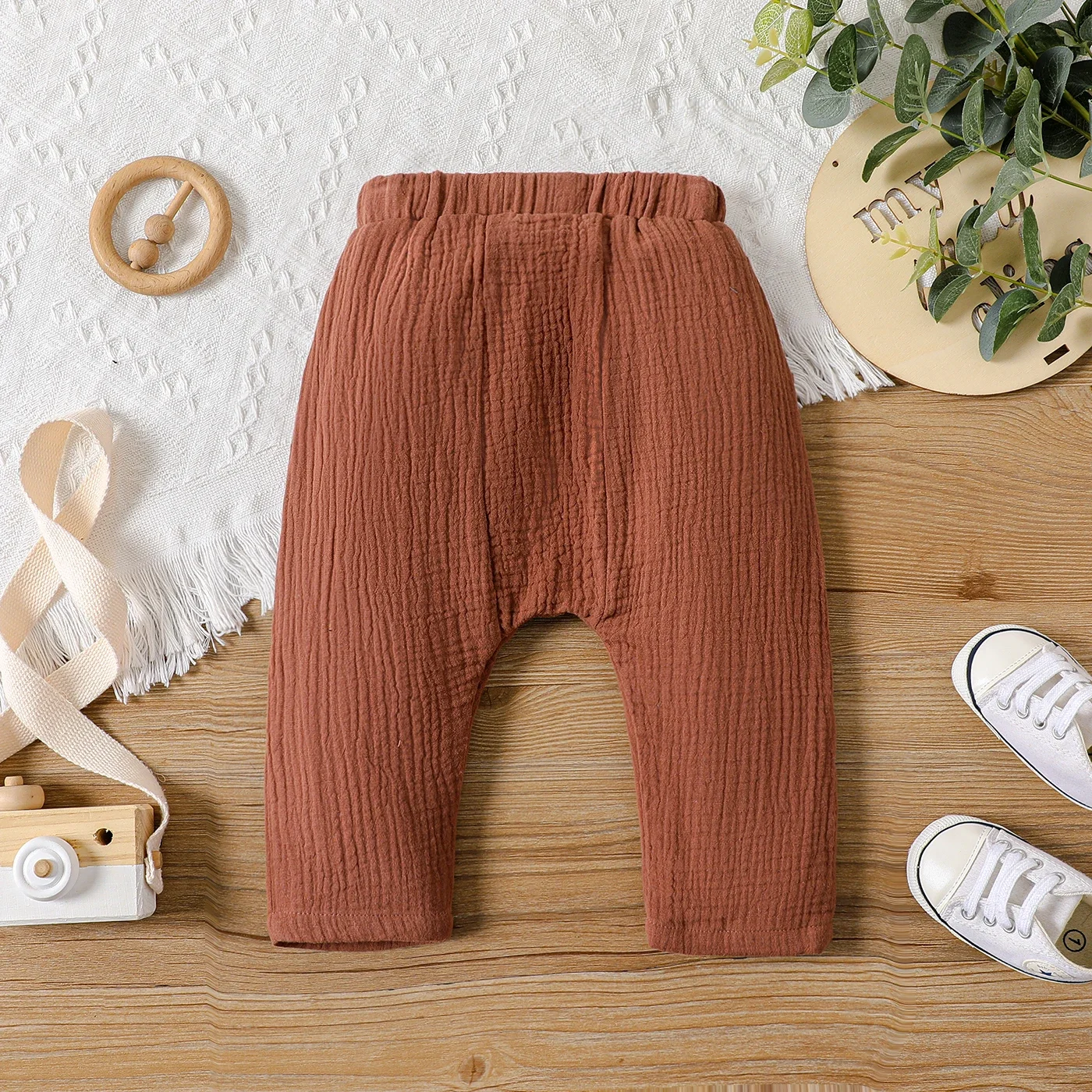 PatPat Baby Boy/Girl Crepe Brown/Khaki Striped Elasticized Waist Harem Pants Suitable for Summer Season Perfect for Outings