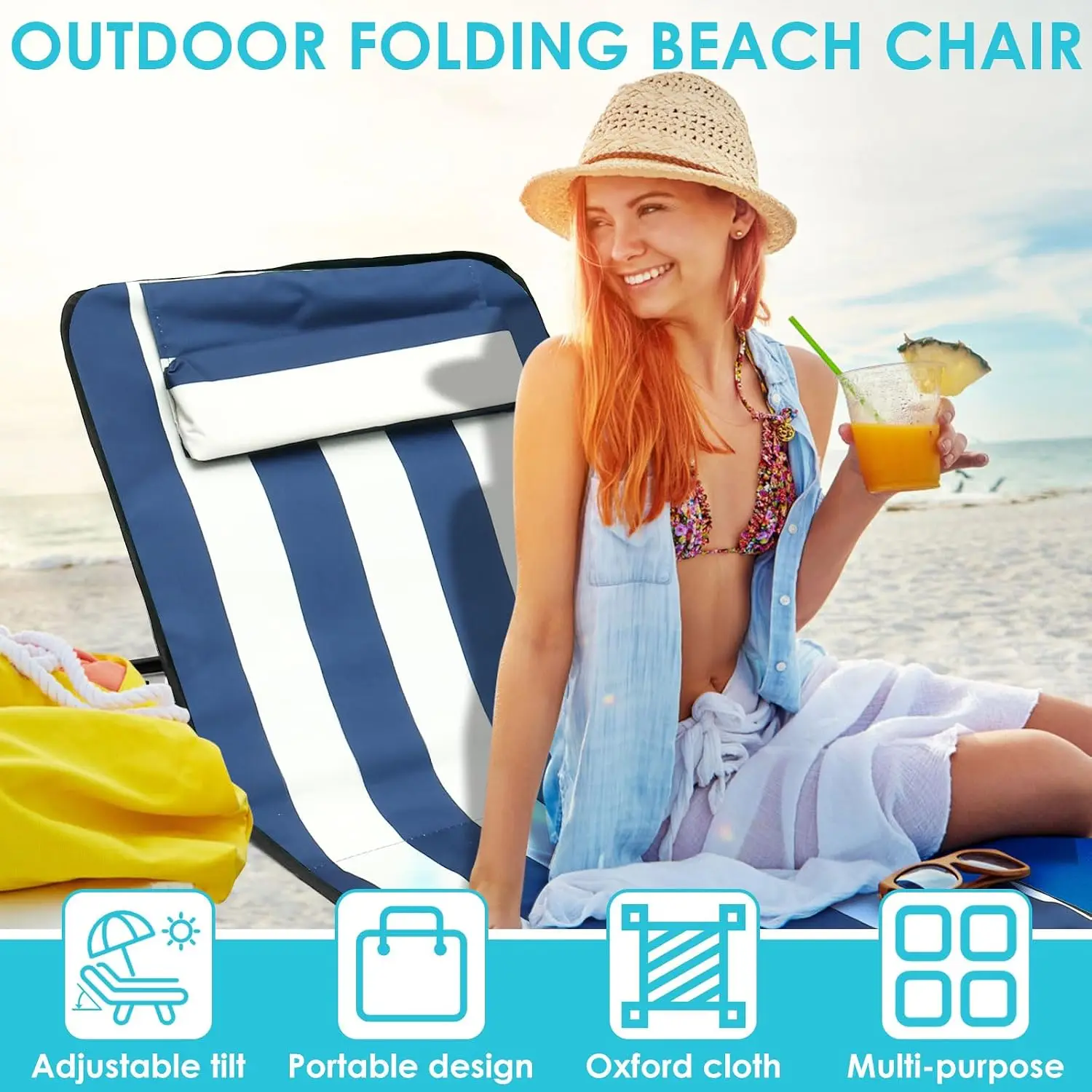 Portable Beach Lounge Mat Folding Recliner Sun Chair Oxford Cloth Waterproof Adjustable Angle with Pocket for Outdoor Holidays