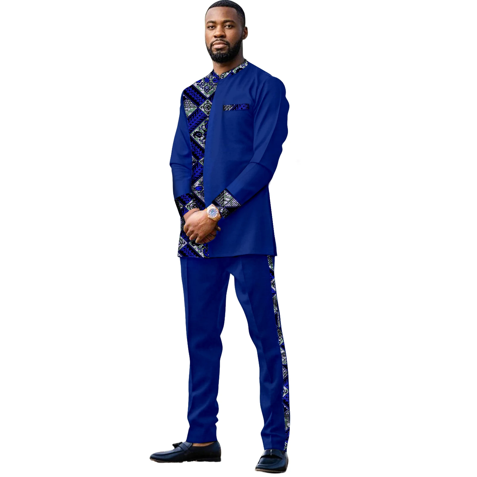 

SEA&ALP African Suit for Men Dashiki Patchwork Kente Top Shirt and Pants Outfits 2 Piece Sets Attire Clothing