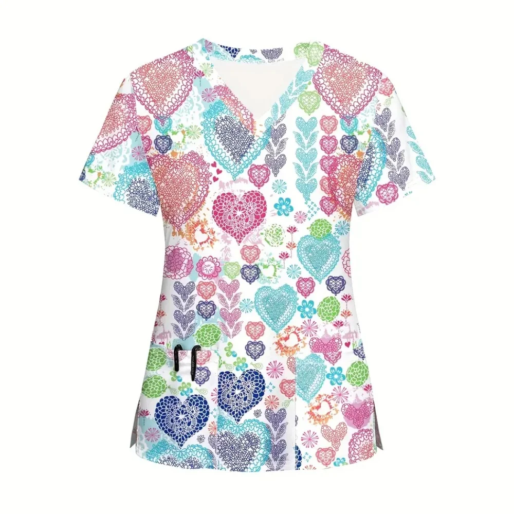 Surgical Uniforms Woman Fashion Pink Ribbon Print Medico Micro-Stretch V-Neck Love Pattern Short Sleeve Women's Medical Uniform