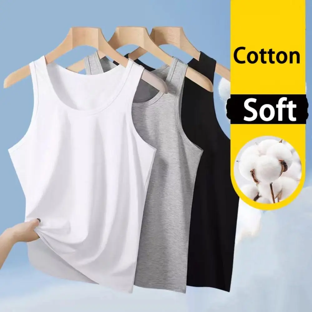 

Breathable Sleeveless Men Pure Cotton Vest Large Size Solid Color Mens Tank Top Round Neck Loose Men Summer Clothing Boy