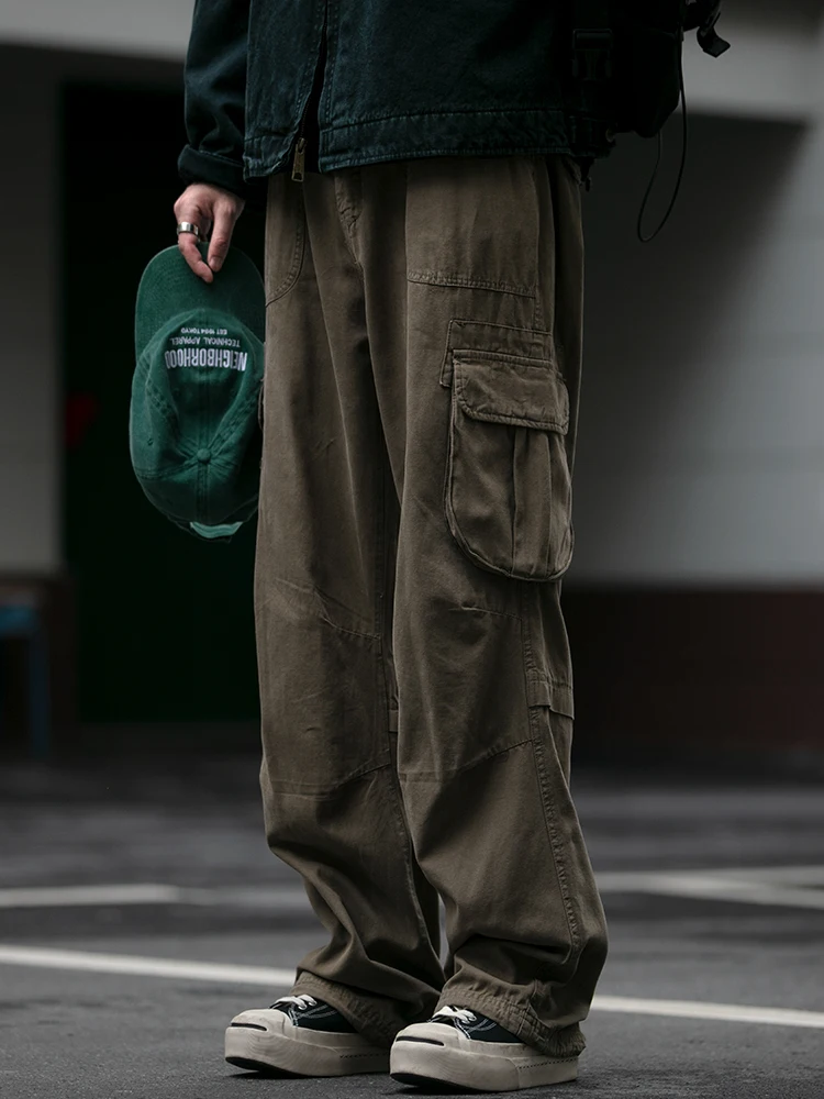 

Heavyweight 270g Men's Casual Cargo Pants Loose Fit Waed Wide Leg Floor-Length ket Detail Spring Autumn Elastic Cuffed