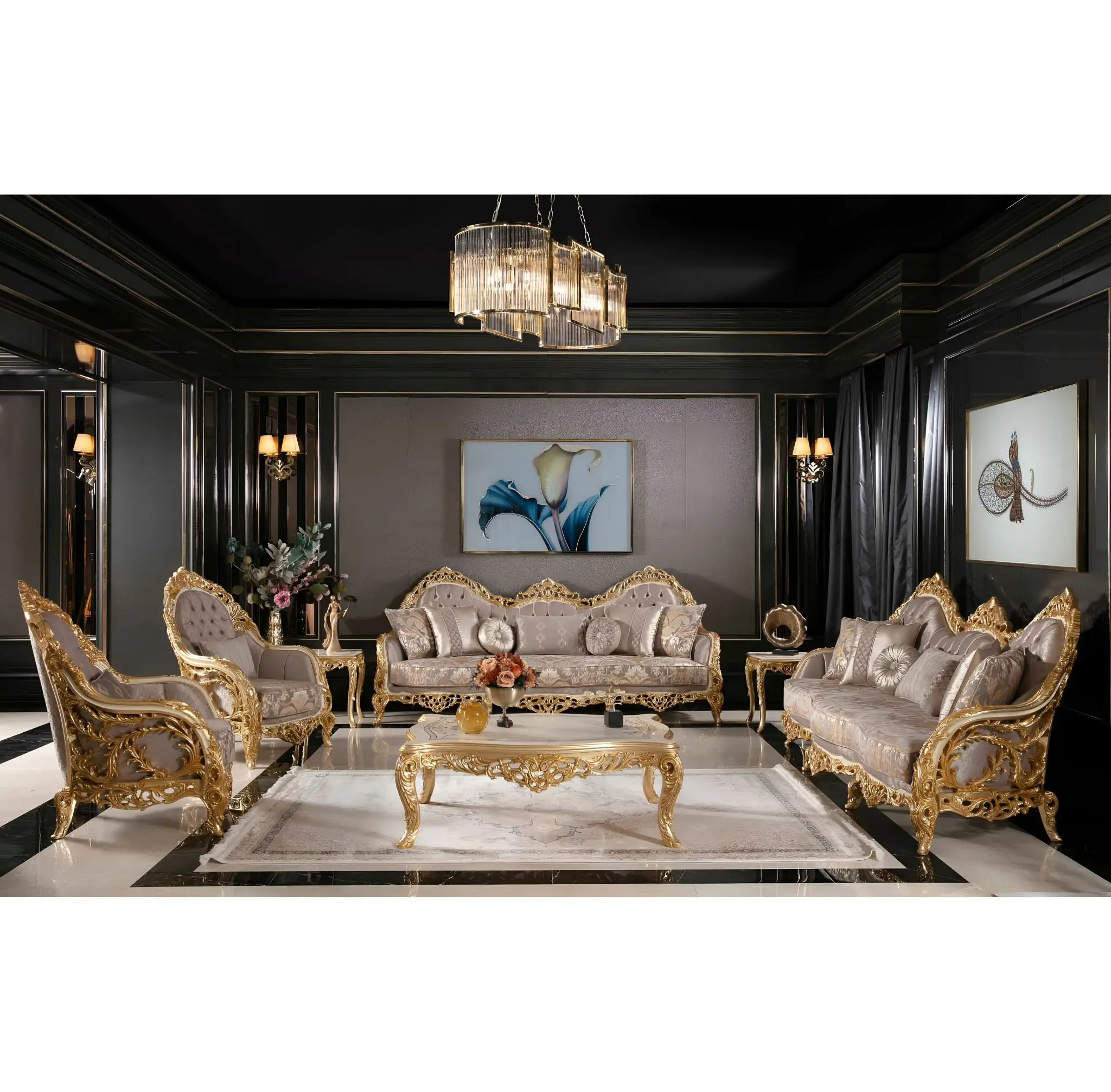 Luxury Classic Mahogany Wood Royal Sofa Set Hand Carved High Quality Fabric Upholstery for Villa Hotel Living Room Furniture