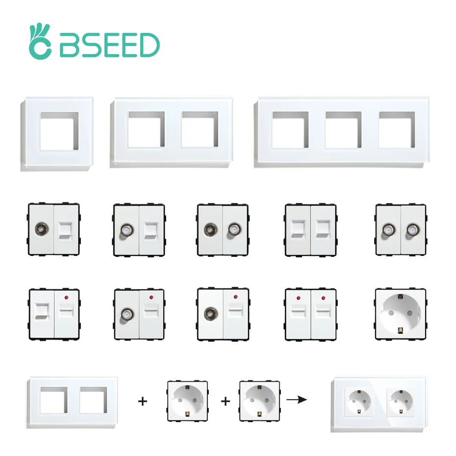 BSEED USB Wall Plug TV ST PC RJ45 Internet Socket Outlets EU Standard Glass Panels Socket Frame DIY Parts Free Combination