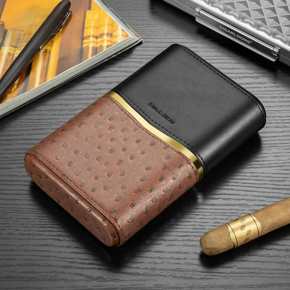 Leather Cigar Case 4 Packs with Cedar Wood Liner Cigar Humidor Travel Portable Moisturising Cigars Magnetic Laminating Seal