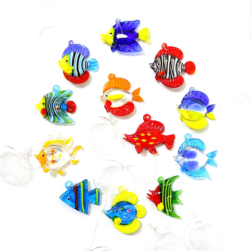 12pcs Handmade Murano Glass OCEAN FISH Small Statue Pendant Aquarium Decor Floating Glass Cute Sea Animal Mini Figurine Ornament