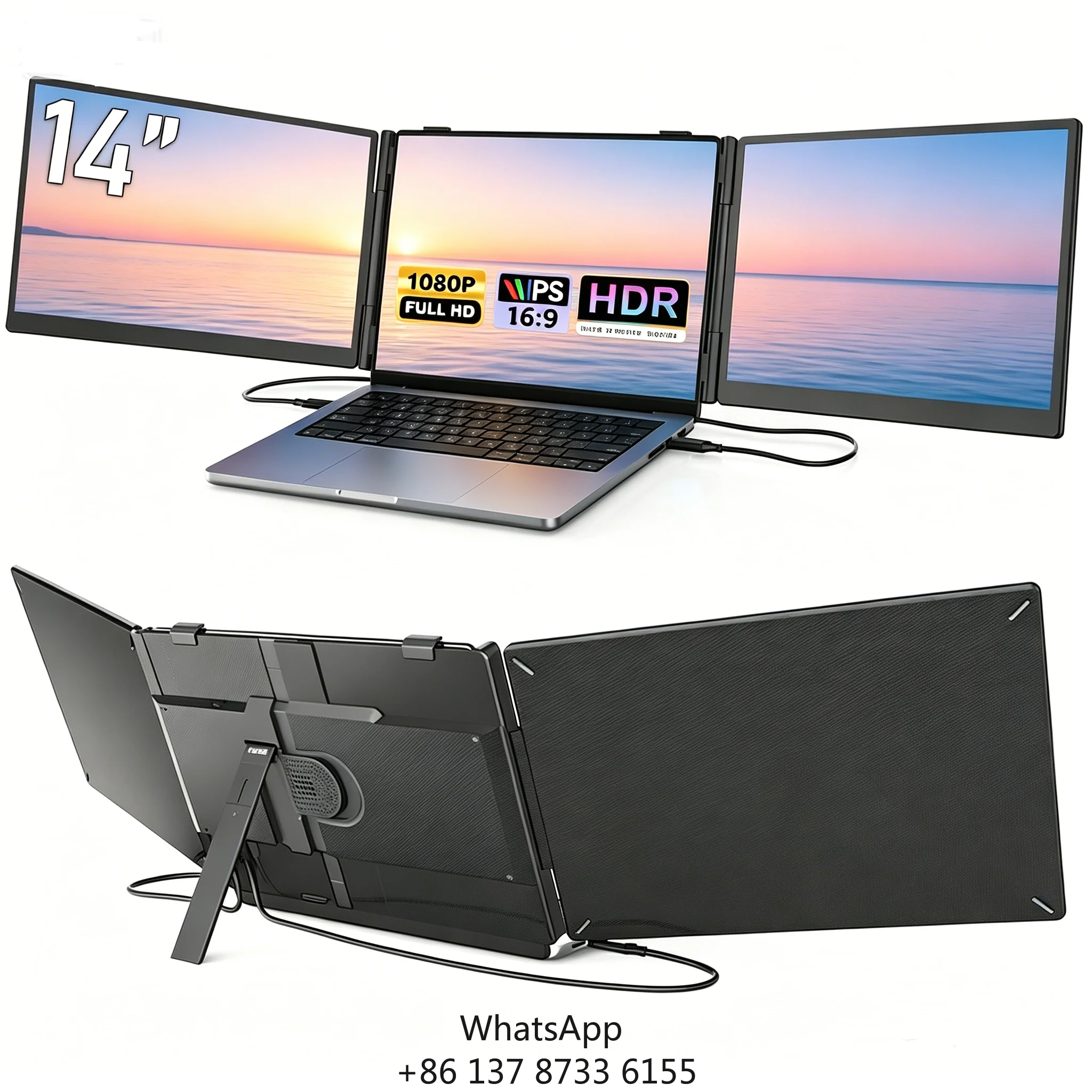 Portable Display Monitors 14 Inch Sizes FHD 1080P Ultra-Slim Triple Portable Monitor Compatible For Programming Video
