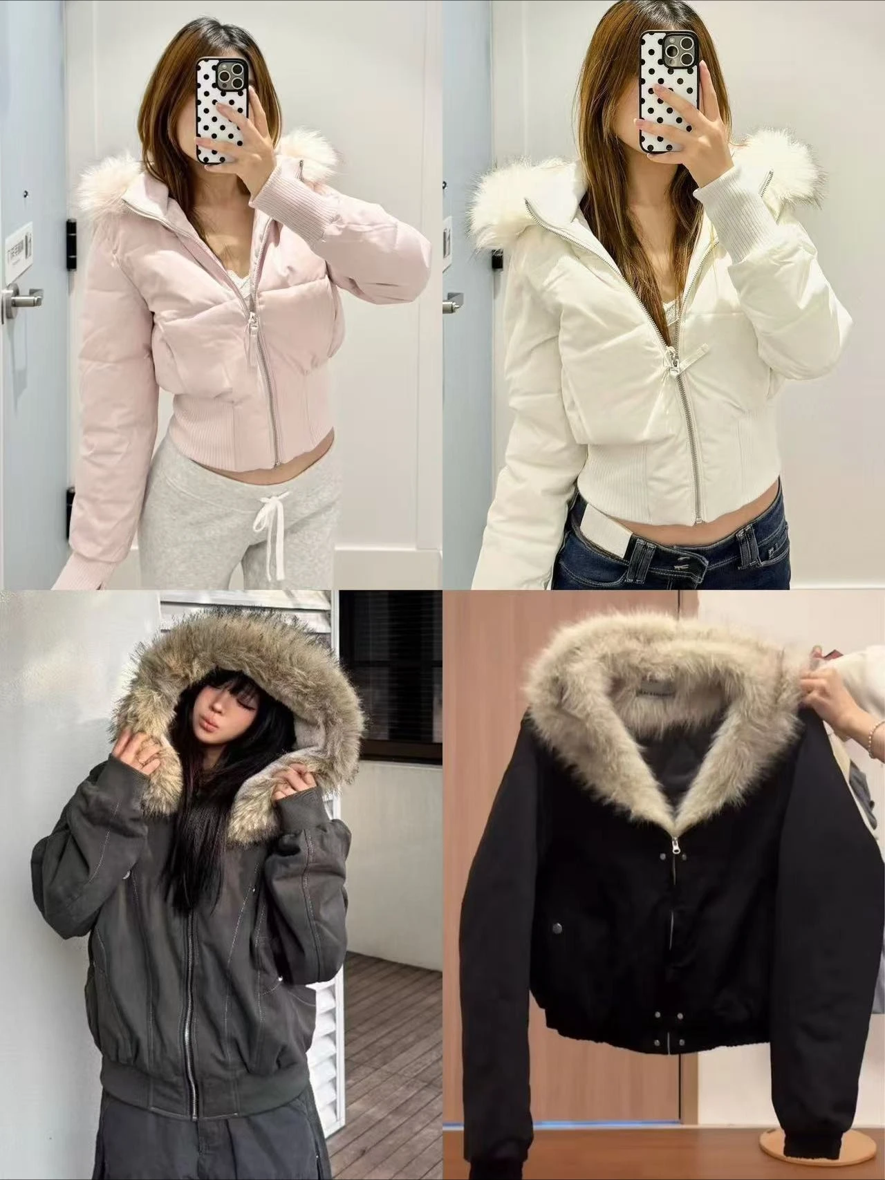 Puffer Jacket Women American Retro Fur Collar Hooded Short Winter Slim Fit Warm Coat Casual Outerwea