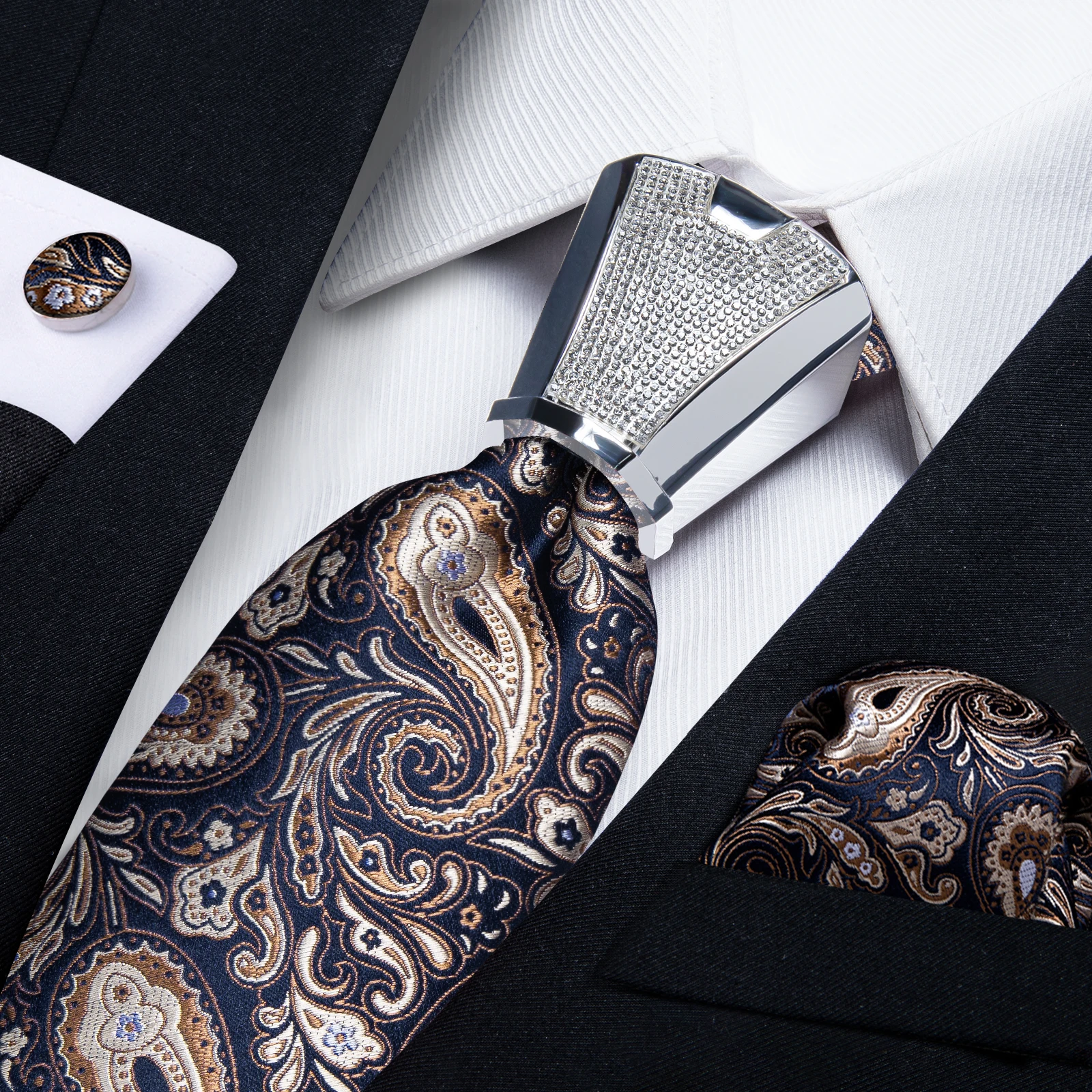 

Fashion Blue Brown Paisley Formal Wedding Silk Tie Handkerchief Cufflinks Designer Tie Buckle Mens Neck Tie Set 8cm Gift For Men