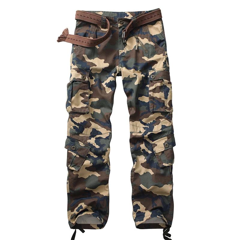 AKARMYMen's Camouflage Cargo Pants - Multi Flap Pockets, Loose Fit for Outdoor Work and Streetwear  Khaki   （no belt）