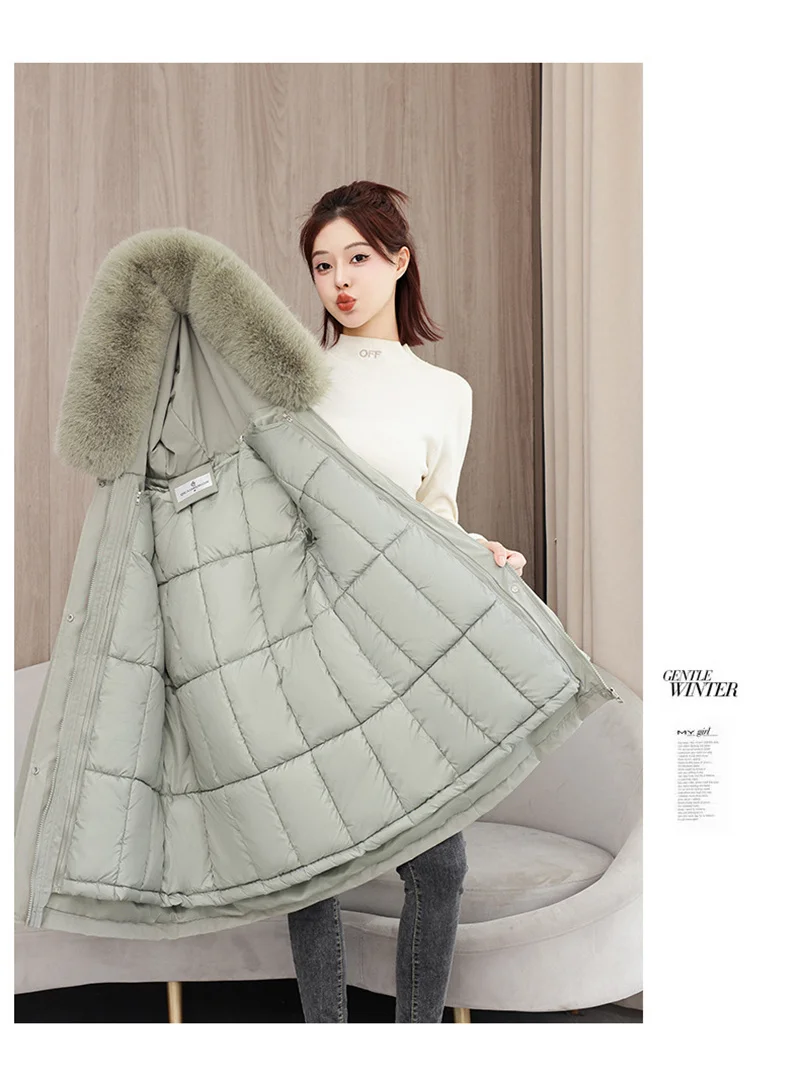 2026 New Winter Coat Down Padded Jacket Women Parkas Fur Collar Thick Hooded Cotton Coats Black Casual Outerwear Female Clothes