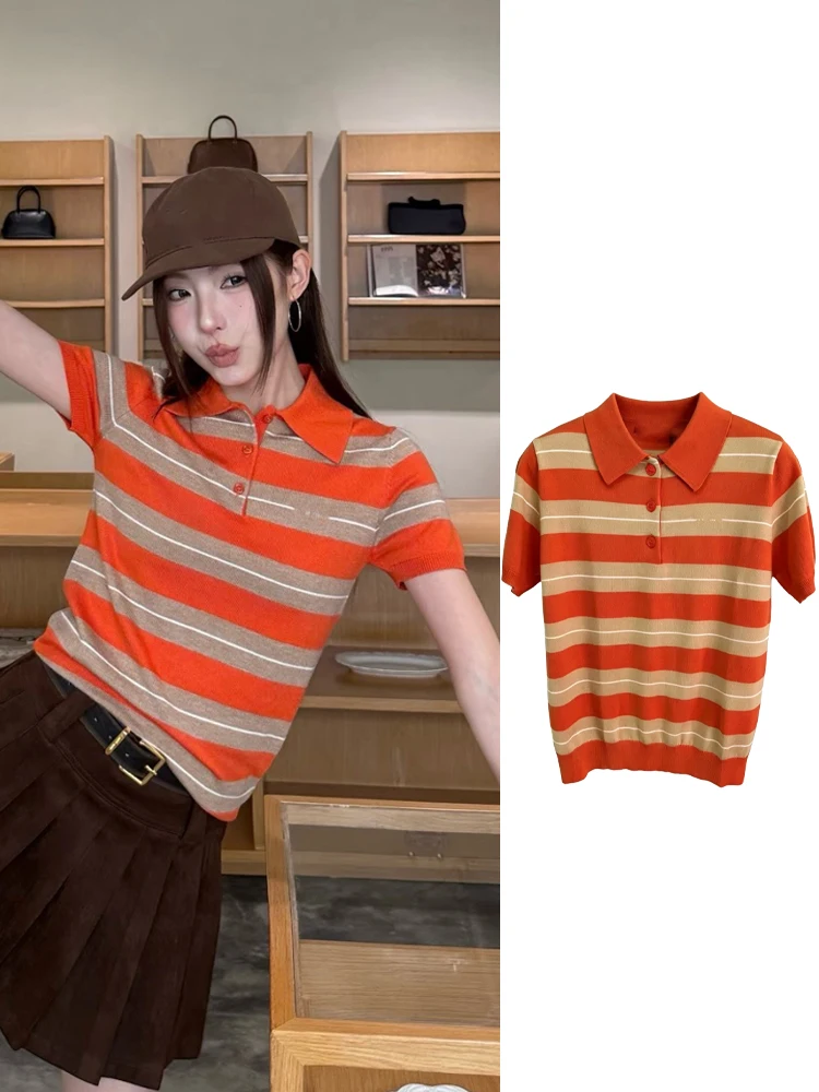 

High Version Early Autumn New Neck Knitted Short Sleeve Zhang Ying Top Button Creative Pattern Business Casual Style