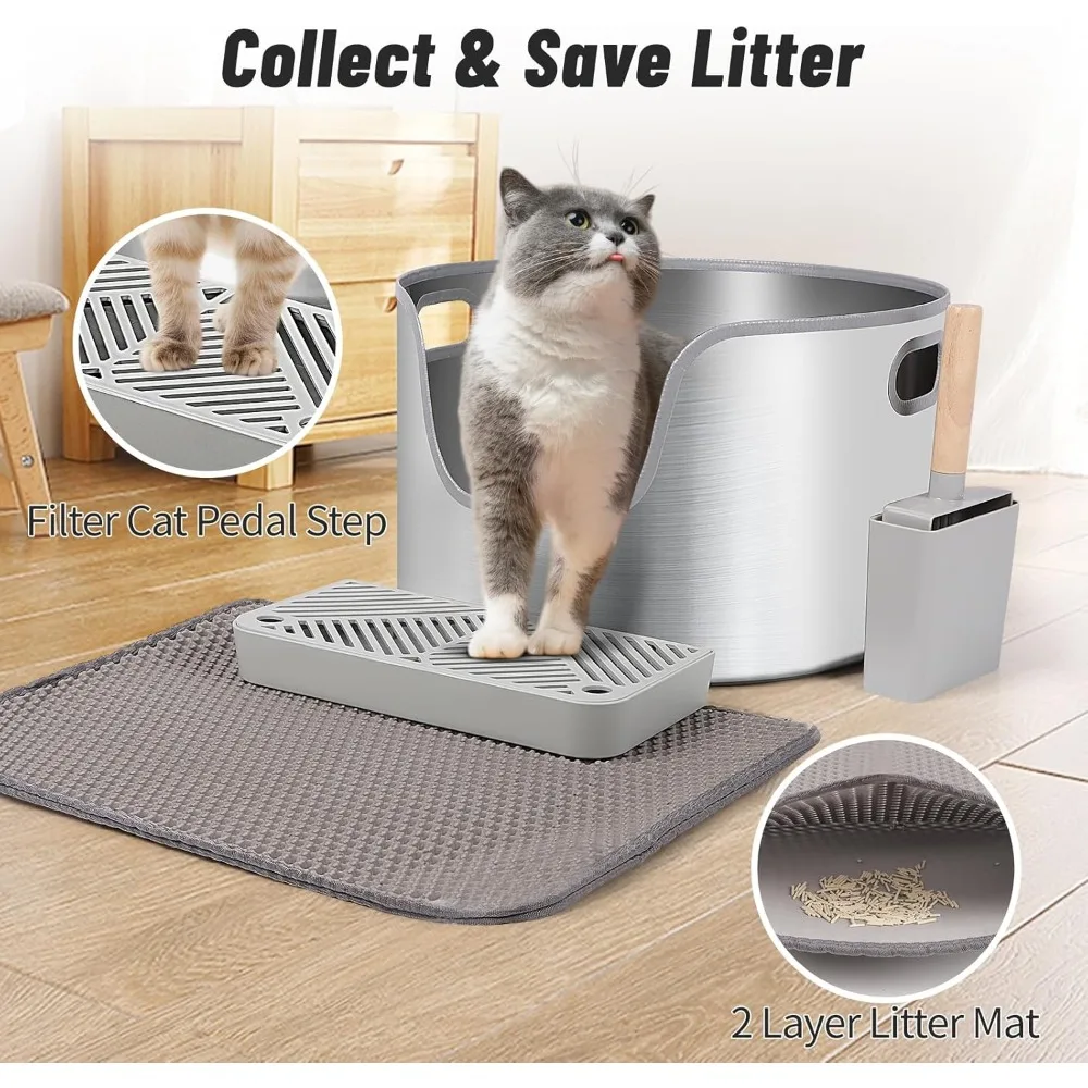 صندوق نفايات القطط كبير مستدير عالي الجوانب من الفولاذ المقاوم للصدأ مع مغرفة ودواسة فلتر وحصيرة فضلات لسهولة التنظيف