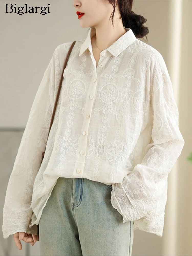 

Oversized Spring Summer Shirts Women Flower Floral Embroidery Fashion Ladies Blouses Casual Loose Long Sleeve Woman Shirts Coats