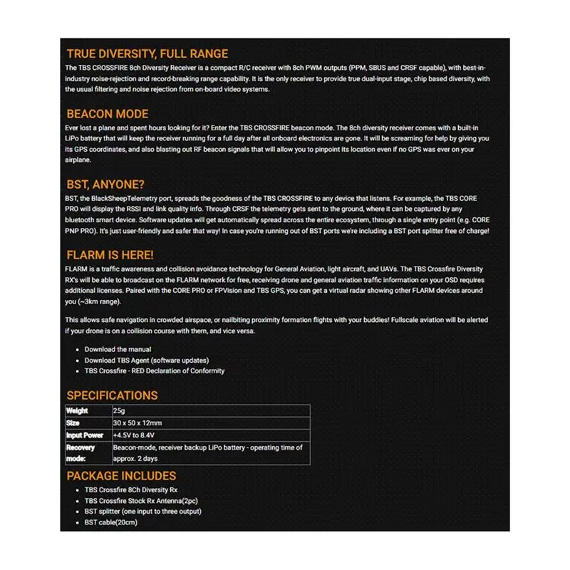 ABUM-TBS Crossfire 8CH Diversity RX Long Range RC Receiver Enhanced Signal Stability Compatible With Multiple RC Models