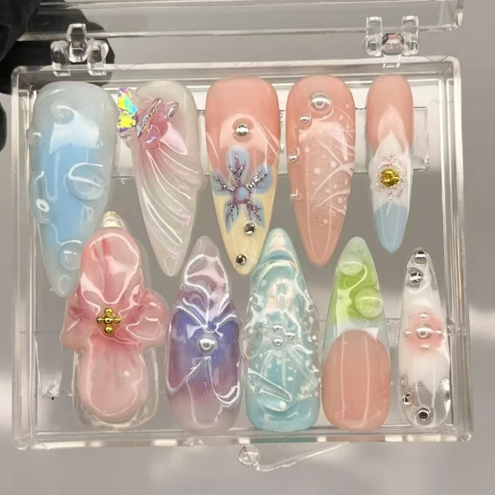 10Pcs Handmade Manicure Long Almond Fake Nails Cute 3D Flower 2024 New Nails Press On Nails Design with Adhesive Nail File Set