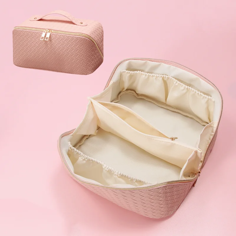 Portable Multi-function Travel Cosmetic Bag PU Waterproof Checkered Embossed Large Capacity Storage Bag Make Up Tools