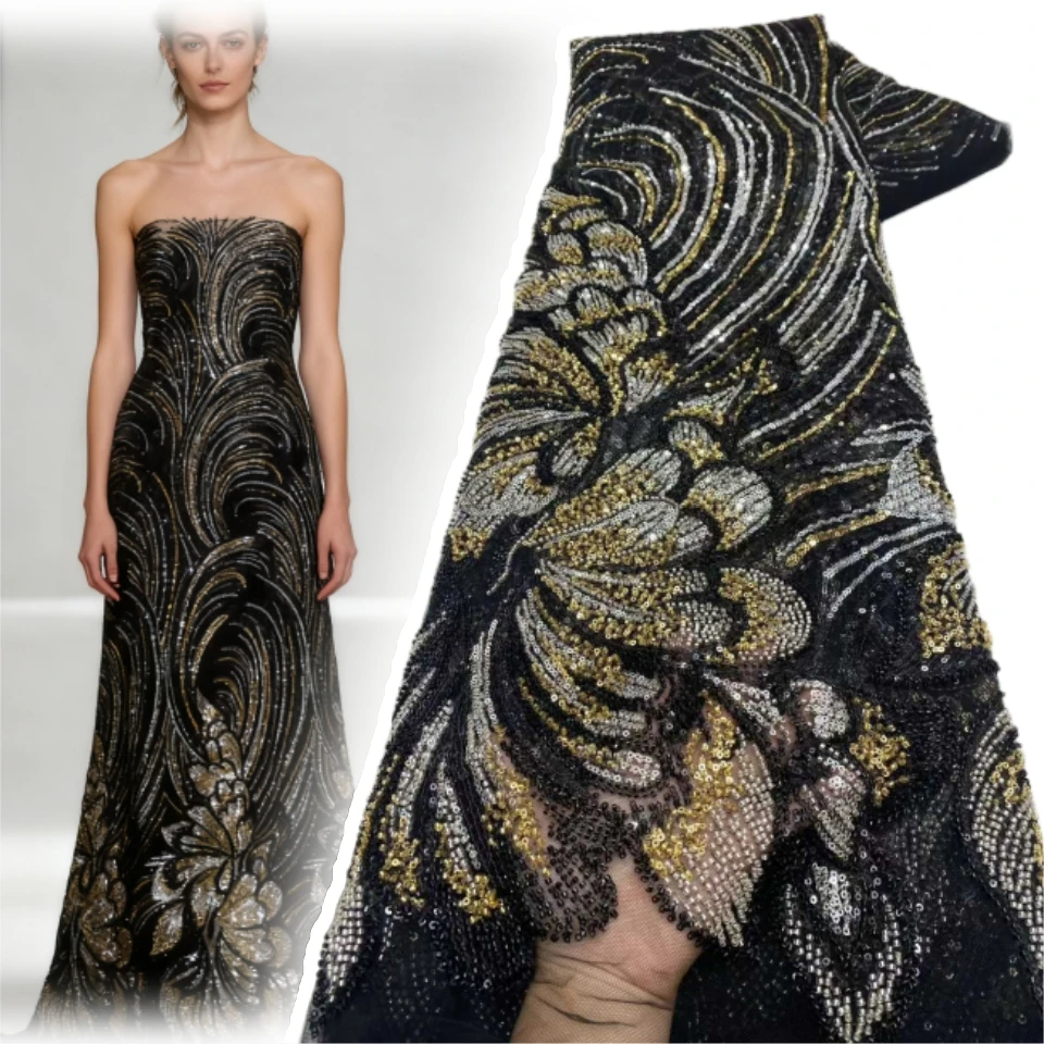 

New Fashion Africa Nigerian Artistic Pattern Handmade Embroidery Sequins Hot Sale French Beads Tulle Lace for Party Dress TP1803