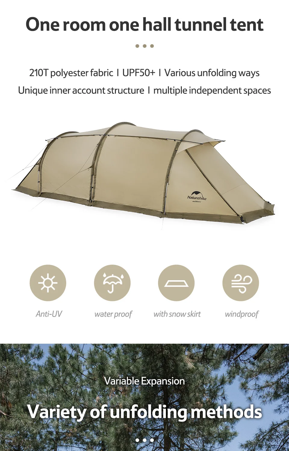 Naturehike Widder-Tunnelzelt, Camping, Outdoor, für 4–6 Personen, großes Raumzelt, 4-Jahreszeiten-Zelt, erweitertes Zelt, Familien-Reisezelt, wasserdicht – Detail 2