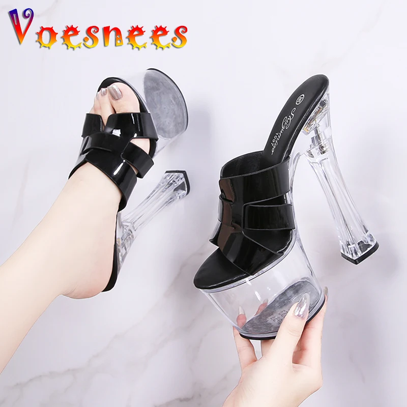 

Women Pole Dance Shoes 17.5CM Nightclub High Heels Pumps Chunky Platform Sandals Summer Catwalk Fashion Show Transparent Slipper