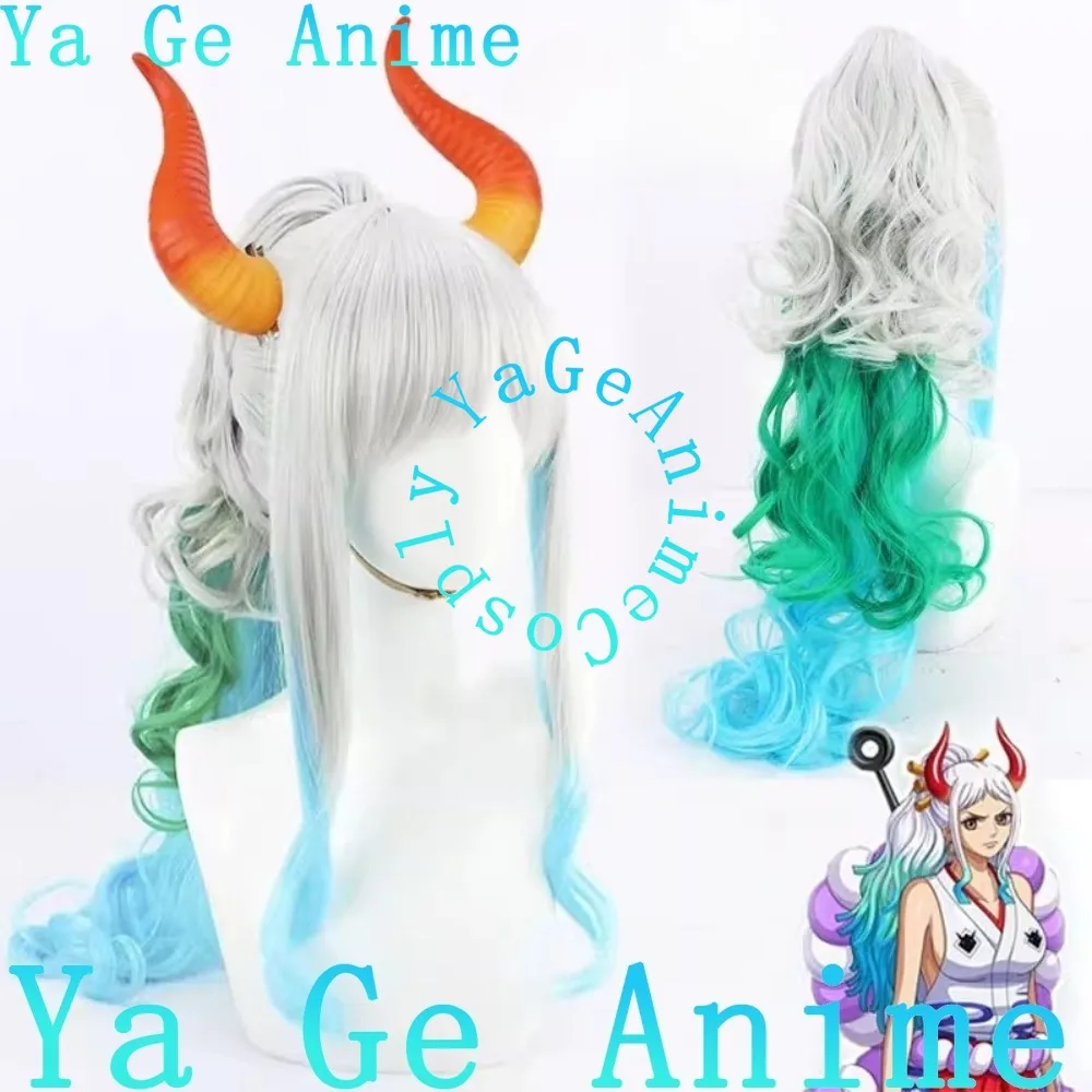 ياماتو شعر مستعار تأثيري متعدد الألوان التدرج مع زخرفة الشعر ألعاب أنيمي هالوين كرنفال حفلة الشعر الاصطناعية مقاومة للحرارة