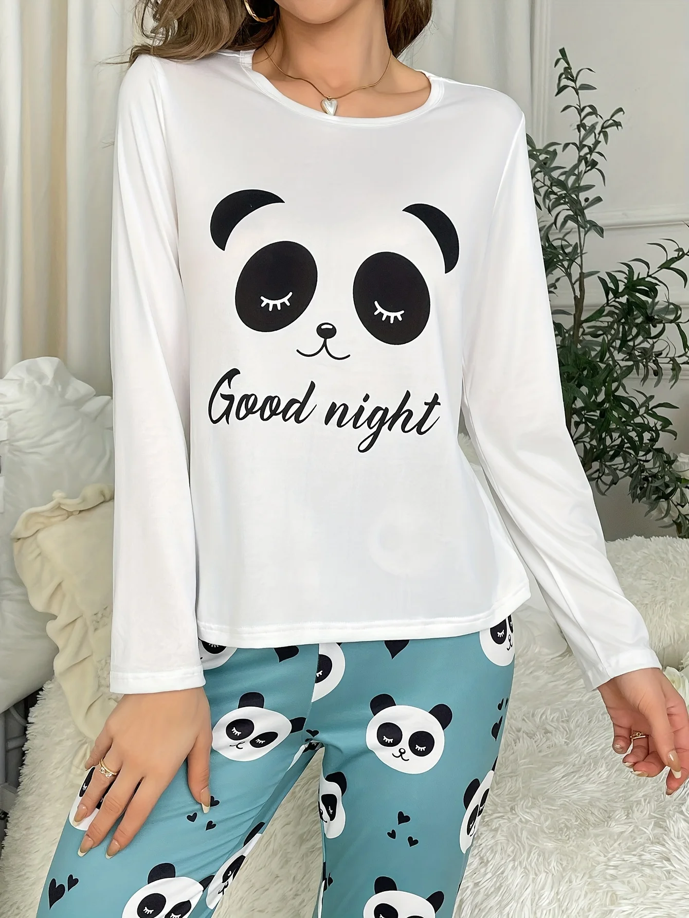 New style cute home dress panda pattern trousers long sleeve two piece pajamas