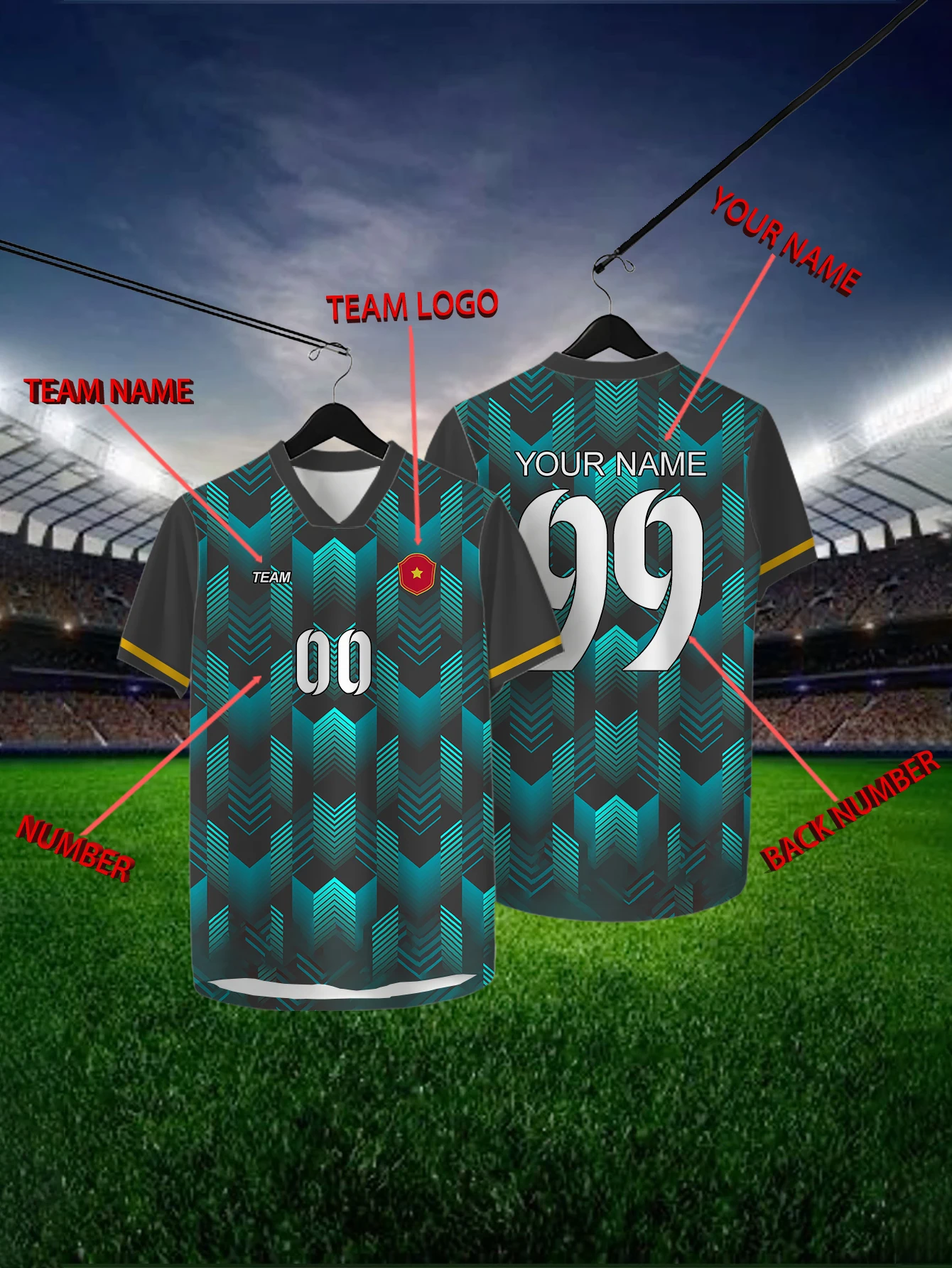 

Customized Geometric Black Short Sleeved Shirt with Team Name, Emblem, Name and Number, Outdoor Sports Short Sleeved T-shirt