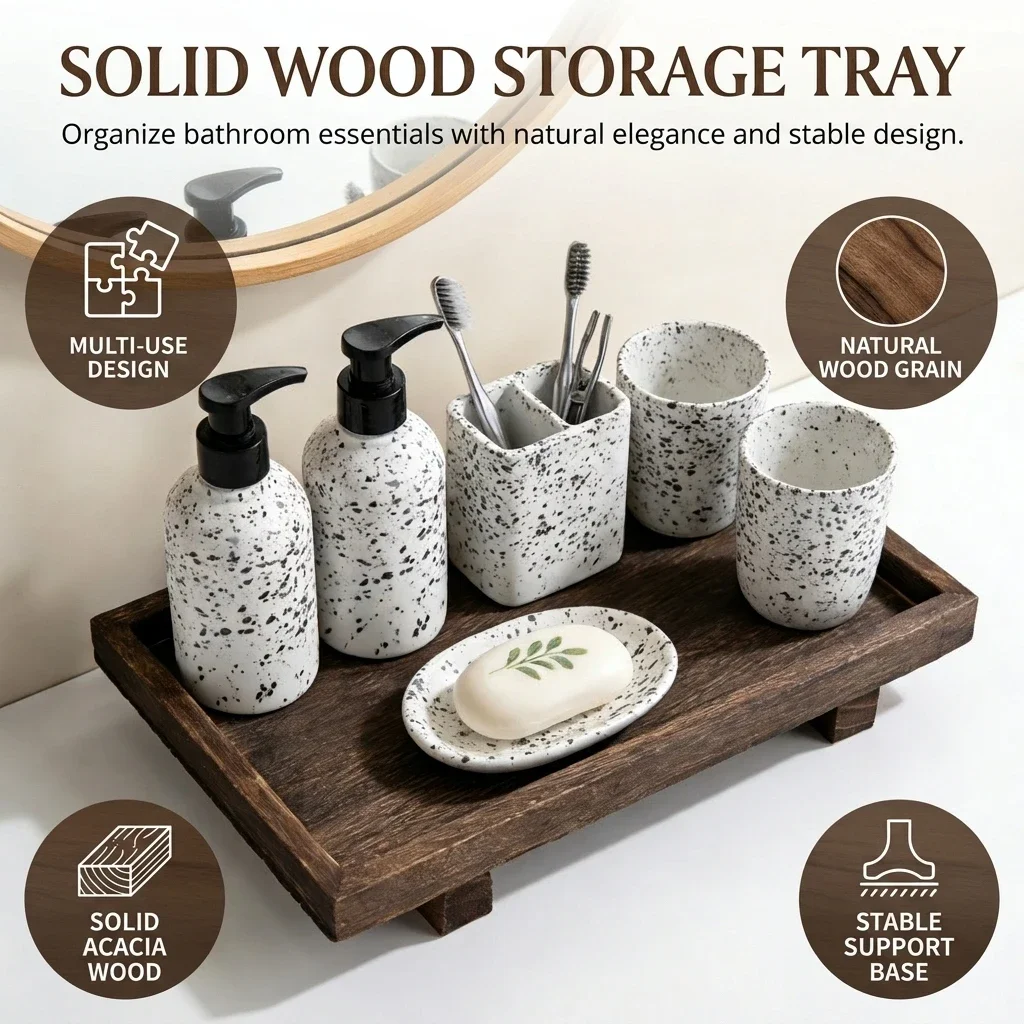Retro Wooden Desk Storage Tray Bathroom Cosmetics Organizer Perfume Decoration Jewelry Storage Shelf Anti-Slip Desk Decor Tray view 5