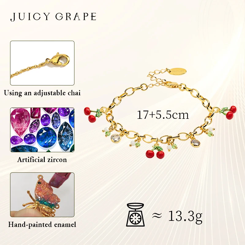 Juicy Grape Cherry Bracelet Fruit Pendant Bracelet Adjustable Bracelet Handmade Enamel Bracelet Plated with18K Real Gold Gift