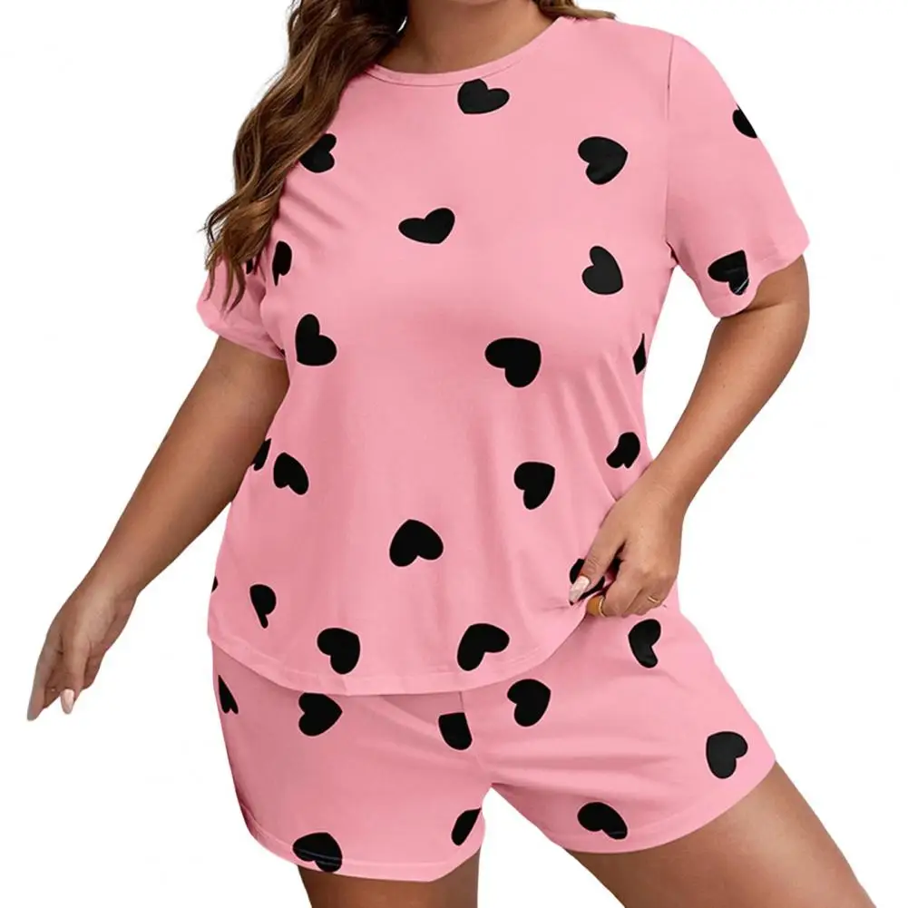 Plus Size XL-4XL Oversized Sleepwear Round Neck Women\'s Pajamas Sets Short Sleeve T-Shirt Shorts Pink Heart Print Loungwear 2PC