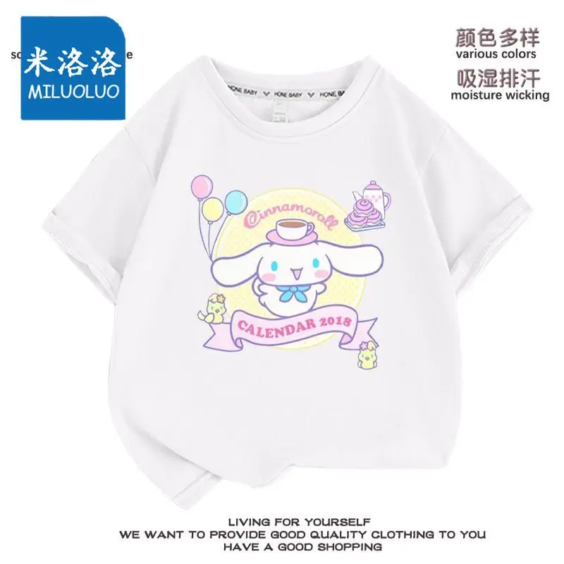 Sanrioed Cinnamoroll camiseta de algodão de manga curta para meninos e meninas, desenhos animados meio tops, roupas absorventes de suor, roupas infantis, presente de verão