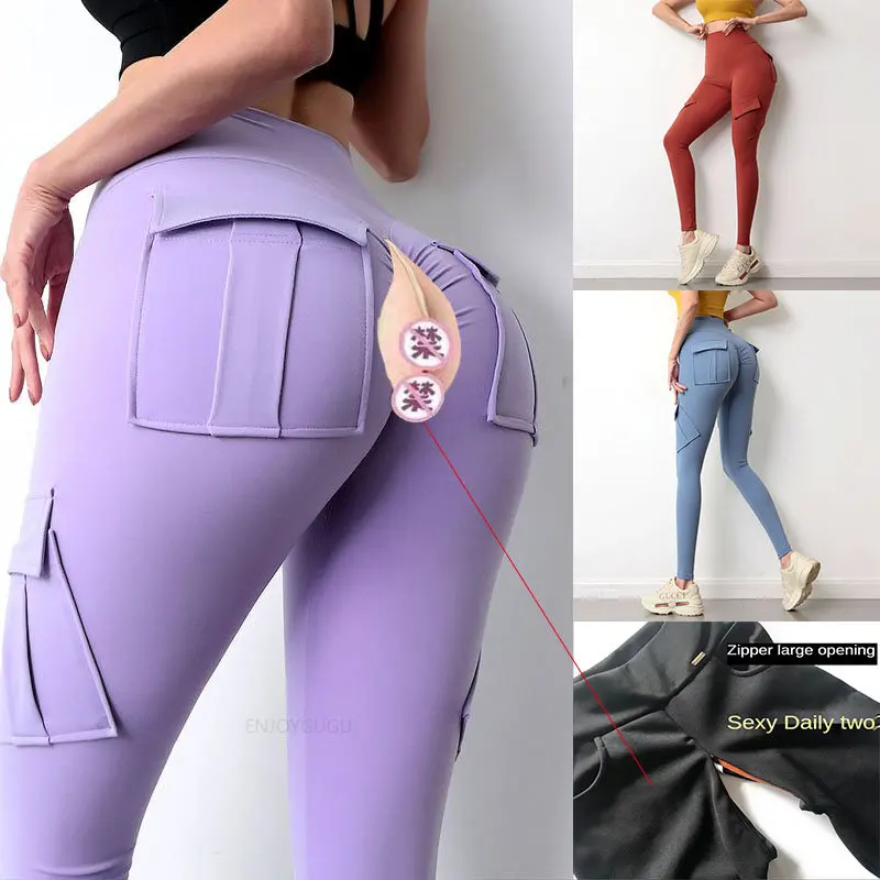 

Peach Hip Yoga Pants Female Invisible Zipper Open Crotch Pants Outdoor Sex Leggings Women's Workwear Pocket High Waist Trousers