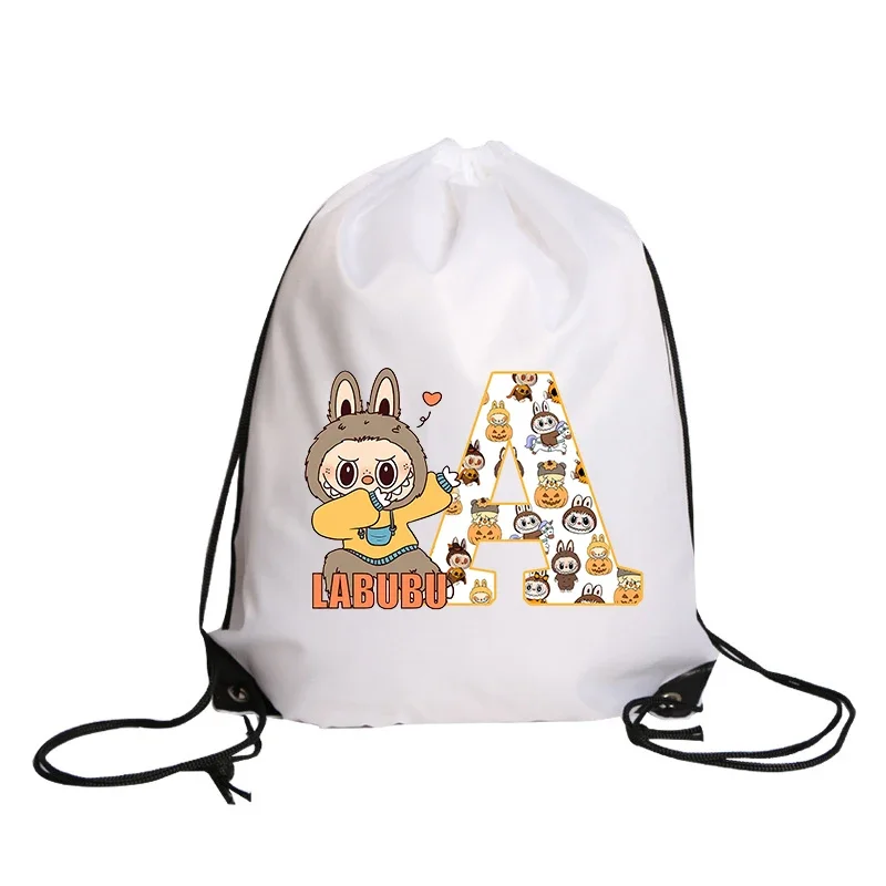 POP MART Labubu Drawstring Bag Backpack Cartoon 26 Letter Print Handbag Portable Large Capacity Waterproof Polyester Storage Bag