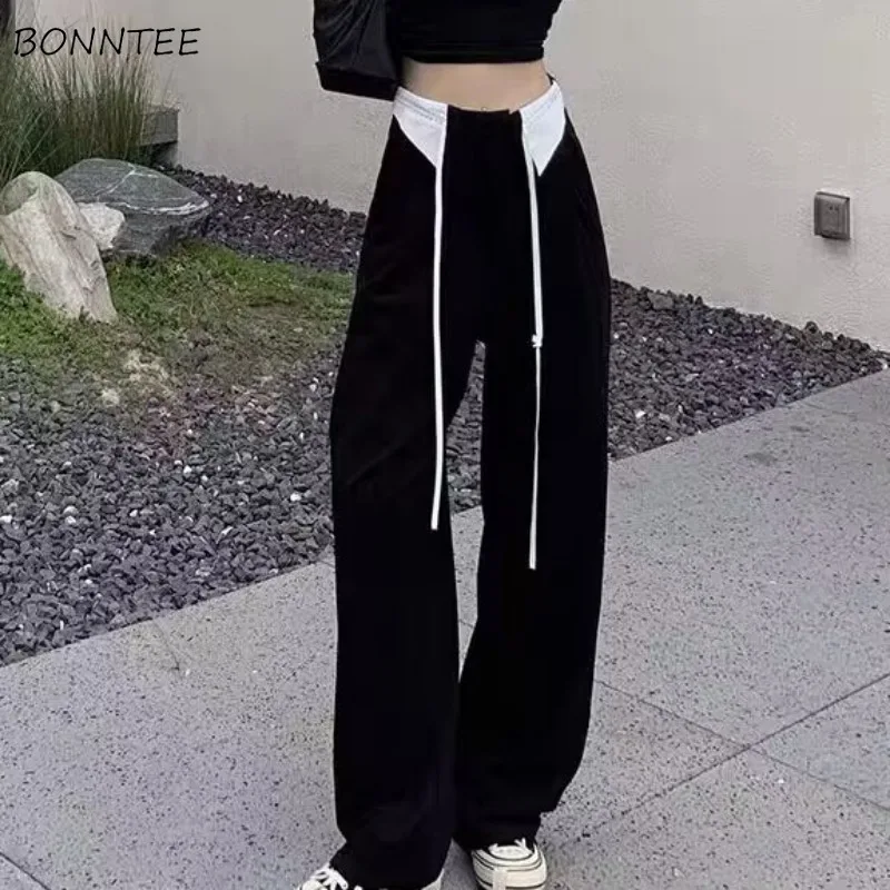 

Patchwork Pants Women Loose Full Length Fashion Korean Style Elastic Waist Black Casual Students Spring Personality Design Chic