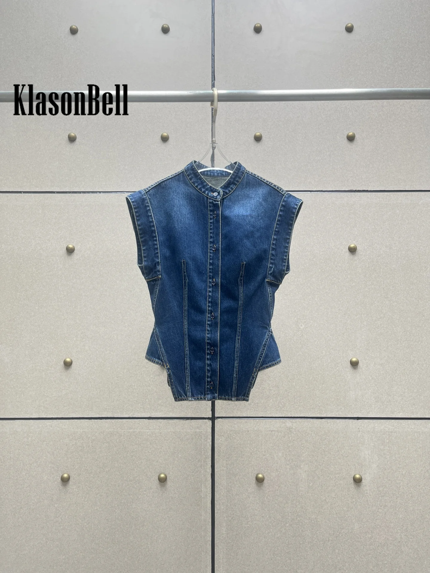 7.29 KlasonBell Women's Stand Collar Sleeveless Washed Denim Shirt Single Breasted Collect Waist All-matches Blouse