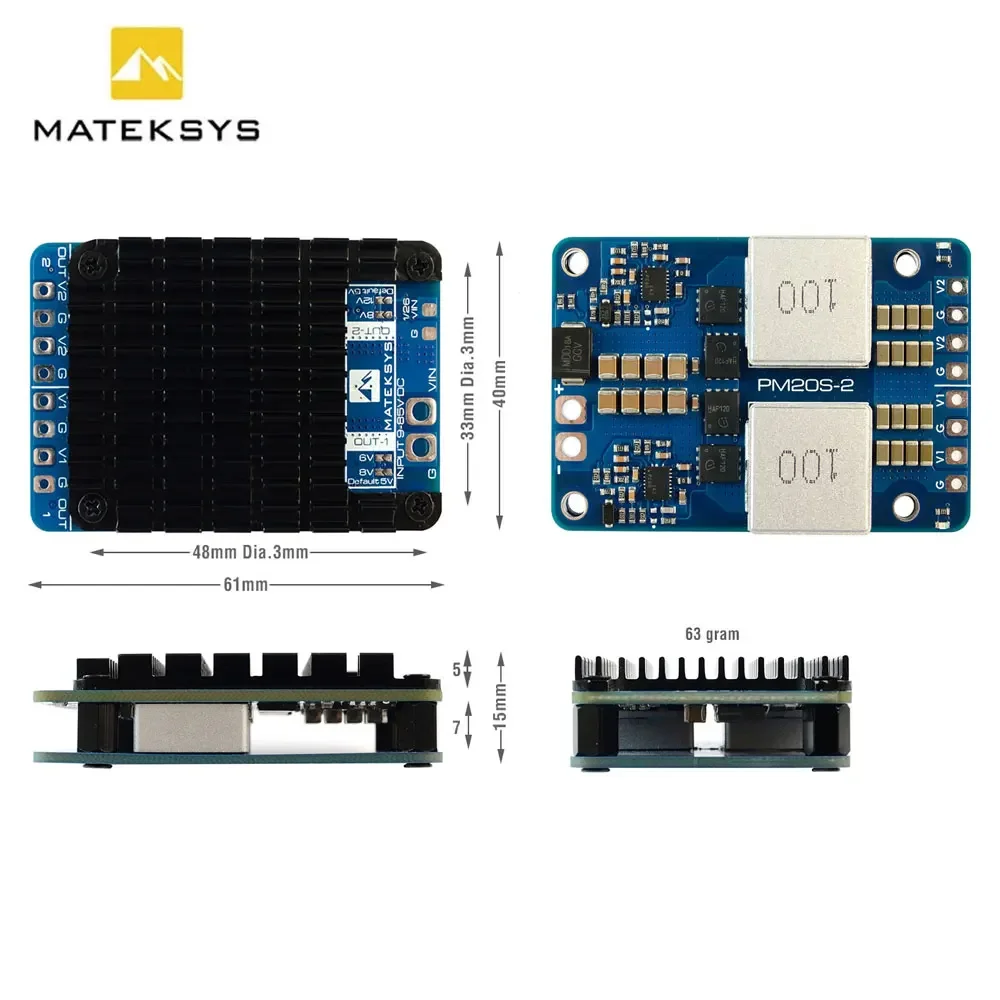 MATEK POWER MODULE PM20S-2 With Two independent Step-Down Voltage Regulators 9V to 85V DC IN 25K Voltage Divider for FPV Drone