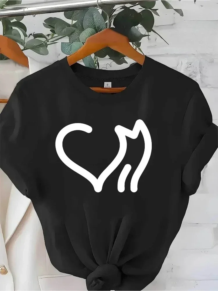 Women Soft T-Shirt Simple Stylish Cat Graphic Print Top Casual Comfortable Daily Travel Friendly Minimalist Style Y2K Women Tee