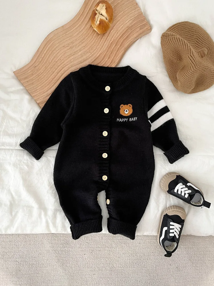 2024 Spring New Baby Long Sleeve Knitted Romper Boy Girl Newborn Cartoon Bear Casual Clothes Infant Sweater Jumpsuit 0-24M