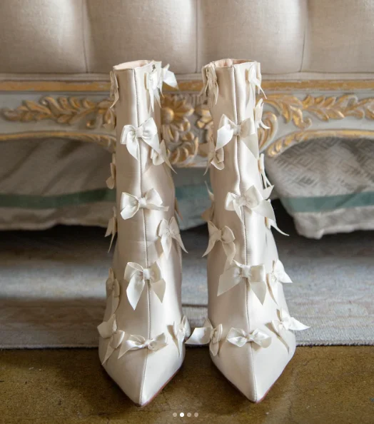 

Fall/Winter White Mid Calf Boots High Heel Pointed Toe Multiple Bow Decor Elegant Party Shoes Fashion Women's Ankle Boots