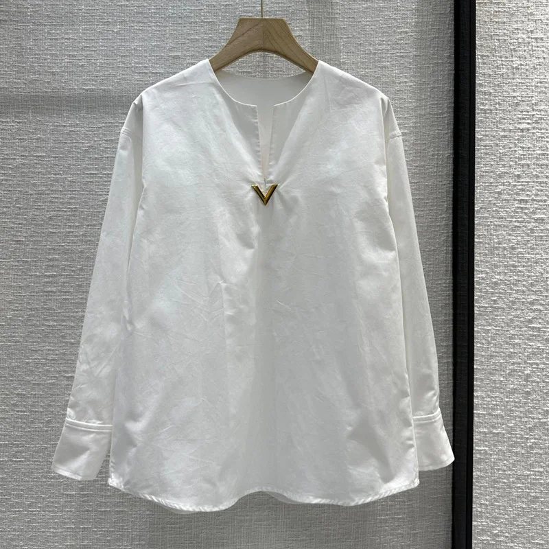 

2024 High Quality Metal Trim V-Neck Shirt Temperament Simple Casual Loose Solid Color Shirt Spring and Summer