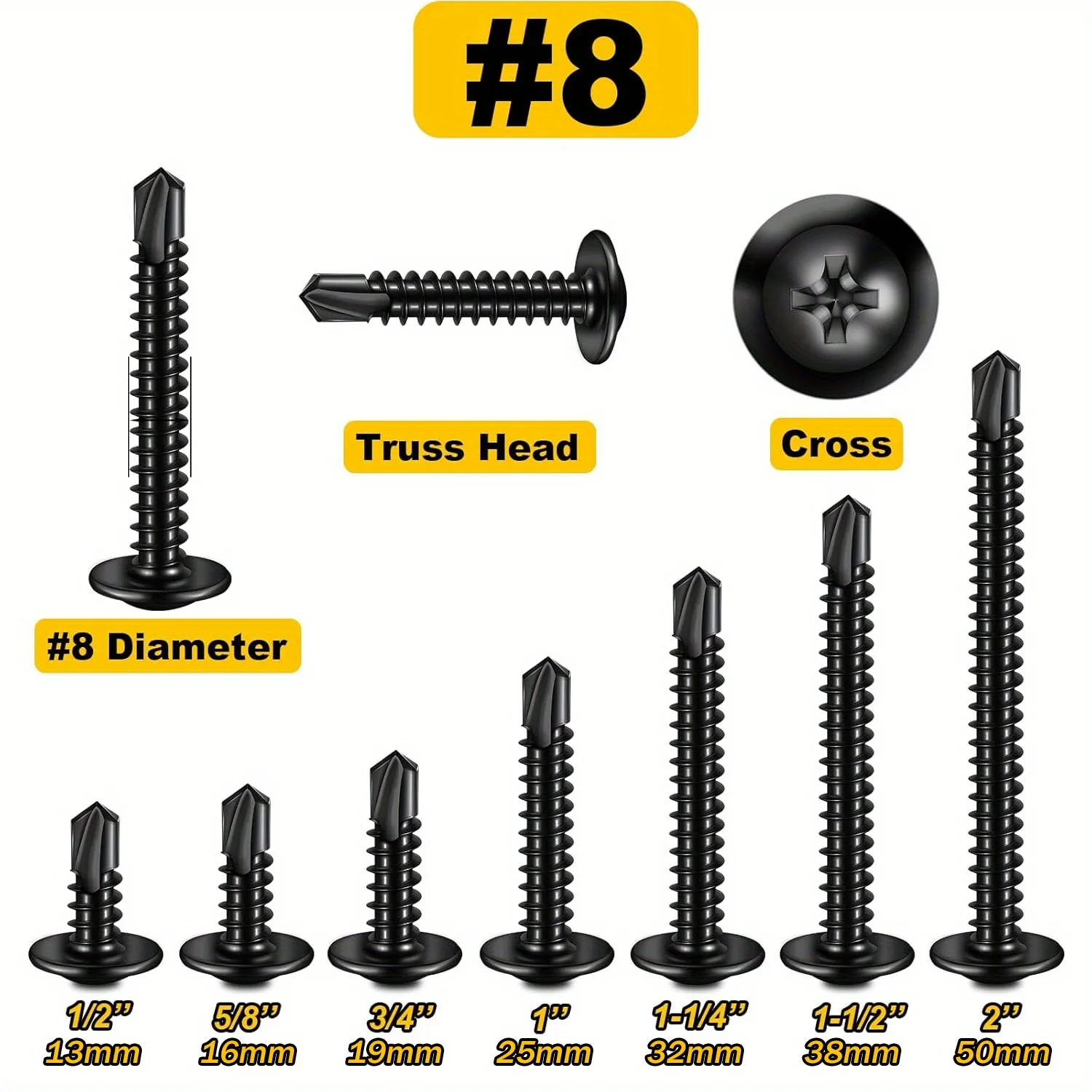 GOSUNDA 100pcs #8x1/2,5/8,3/4,1,1-1/4,1-1/2,2 inch,410 Stainless Steel Cross Phillips Flat Head Self-tapping Drilling Screw Bolt